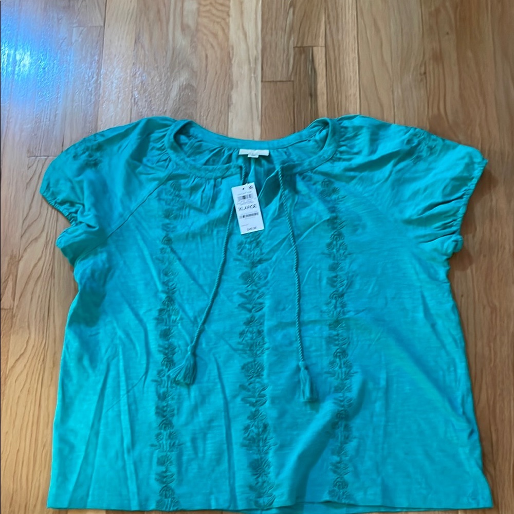 Style & Co XL Puff Sleeve Embroidered Blouse Tassle Tie Front